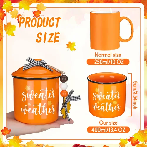 Vista 3 de Tanlade Tazas de café de otoño de Acción de Gracias, tazas blancas y naranjas con tapa, taza de cerámica con lazo a cuadros de búfalo y cuentas