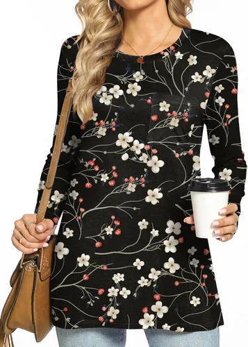 Vista 2 de HOTGIFT Blusa de manga larga con cuello redondo para mujer, para otoño, invierno, holgada, cómoda, suave, con bolsillo