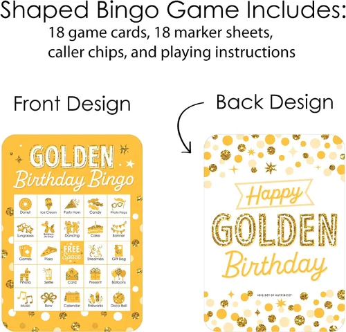 Vista 4 de Big Dot of Happiness Golden Birthday - Tarjetas y marcadores de bingo con imágenes - Juego de bingo para fiesta de cumpleaños - Juego de 18