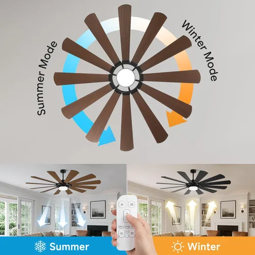 Vista 6 de 62 Inch Farmhouse Ceiling Fan with Light and Remote, 12 Blade Dual-Finish