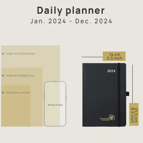 Vista 5 de POPRUN Agenda diaria 2024 de una página por día, calendario diario 2024, libro de citas por hora con bolsillo, páginas de notas y contactos, tapa