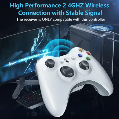 Vista 4 de Controlador inalámbrico para Xbox 360, 2.4GHZ Gamepad Joystick Control remoto para PC Windows 7,8,10 con adaptador receptor, blanco