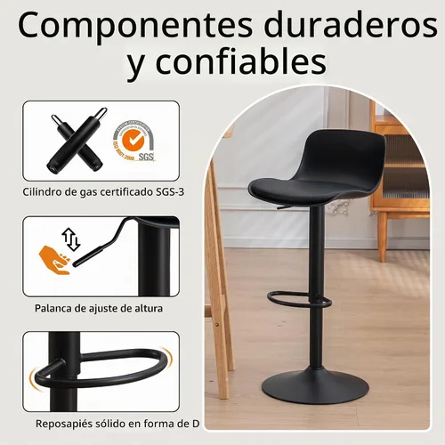 Vista 7 de YOUTASTE Juego de 2 taburetes de bar totalmente negros, taburetes de bar giratorios ajustables con respaldo, asientos de silla de bar acolchados
