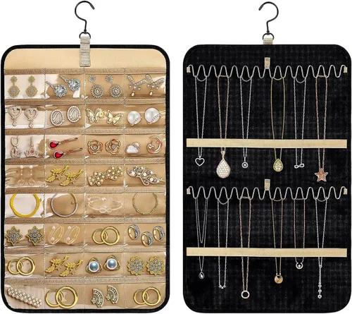 Vista 9 de Tefola Organizador de joyas colgante, organizador de collares de doble cara, organizador de joyas para aretes, collares, anillos, lentes