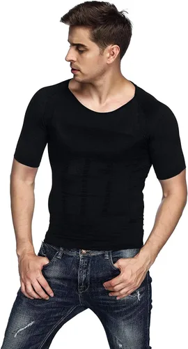 Vista 4 de Odoland 3 Pack Men's Body Shaper Slimming Shirt Tummy Vest Thermal Compression Base Layer Slim Muscle Short Sleeve Shapewear