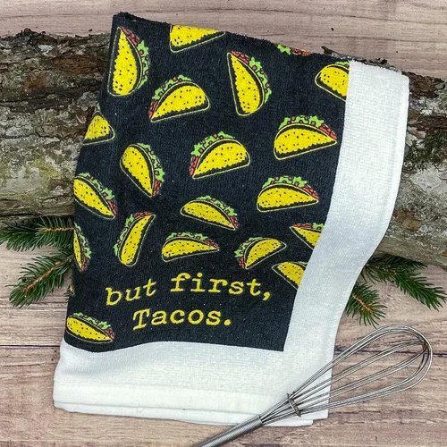 Vista 2 de Crazy Dog T-Shirts But First Tacos - Toalla de té divertida y sabrosa comida mexicana Cute Dish Towel, Absorbent, Funny Kitchen Towels, Cinco De