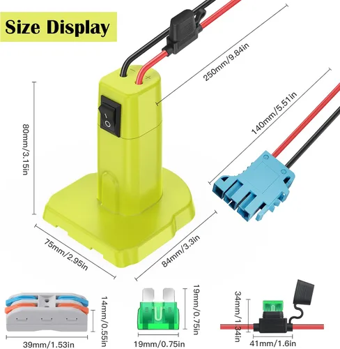 Vista 7 de Adaptador de ruedas eléctricas para Ryobi Adaptador de batería de 18 V, kit de convertidor de batería con fusible, interruptor y conector de arnés