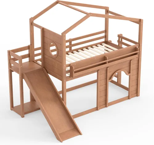Vista 6 de Harper & Bright Designs Cama tipo loft para niños, tamaño individual, con armario y puerta arqueada, litera de casa con tobogán y estanterías
