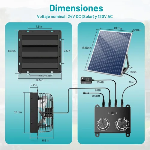 Vista 6 de HG Power Ventilador de escape solar de 12 pulgadas con termostato y control