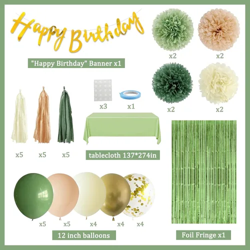 Vista 2 de Decoraciones de fiesta de cumpleaños verde salvia para mujeres y niñas, pancarta de feliz cumpleaños, retro, verde oliva, dorado, globo, cortina