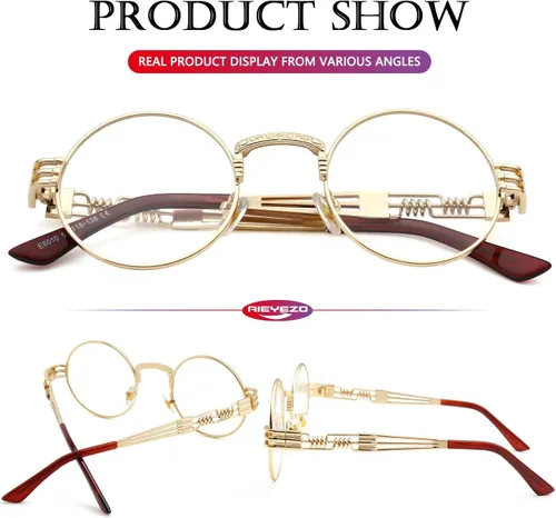 Vista 6 de AIEYEZO Gafas de sol redondas steampunk Circle Lennon Hippie, marco de metal, lente de bloqueo UV 100%