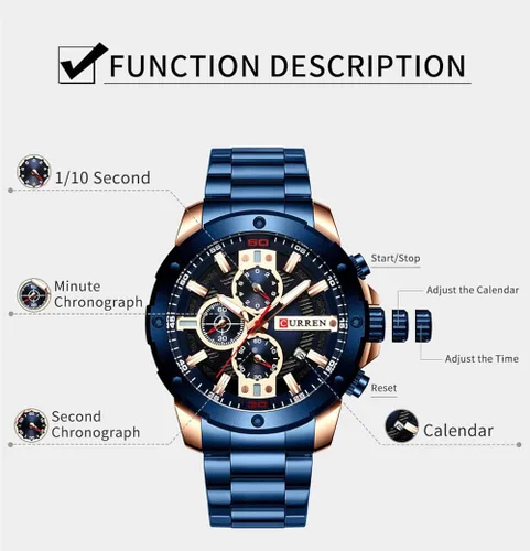 Vista 5 de Reloj de cuarzo luminoso hombre moda deporte acero inoxidable relojes 3ATM impermeable reloj cronógrafo relojes
