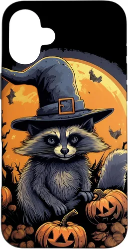 Vista 22 de iPhone 16 Raccoon Witch Hat Pumpkins Halloween Costume Case