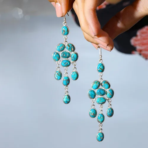 Vista 5 de YoTreasure Pendientes colgantes de plata de ley 925 con piedra lunar azul cobre turquesa