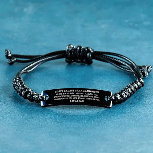 Vista 2 de Pulsera de cuerda negra con texto en inglés To My Badass Granddaughter Believe In Yourself, Navidad, graduación, cumpleaños, regalo de Gram, Zinc