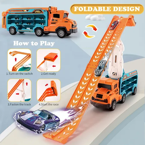 Vista 7 de Juguetes de camión para niños pequeños, camión transportador de automóvil de juguete para niños de 3 a 5 4 a 8 años, juegos de pista de autos Naranja