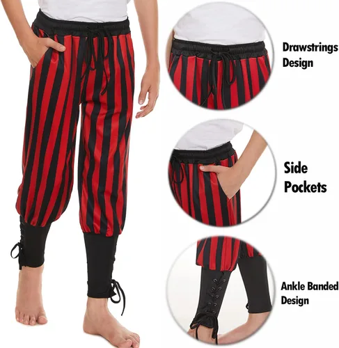 Vista 5 de WISHU Pantalones piratas medievales con bandas de tobillo para niños, disfraz de pirata vikingo renacentista, pantalones de rayas para Halloween