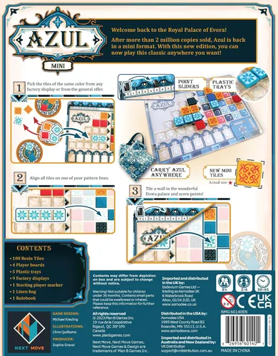 Vista 2 de Azul Mini Juego de Mesa - Diversión Portátil de Colocación de Fichas, Juego de Estrategia para Niños y Adultos, Edades 8+, 2-4 Jugadores, Tiempo