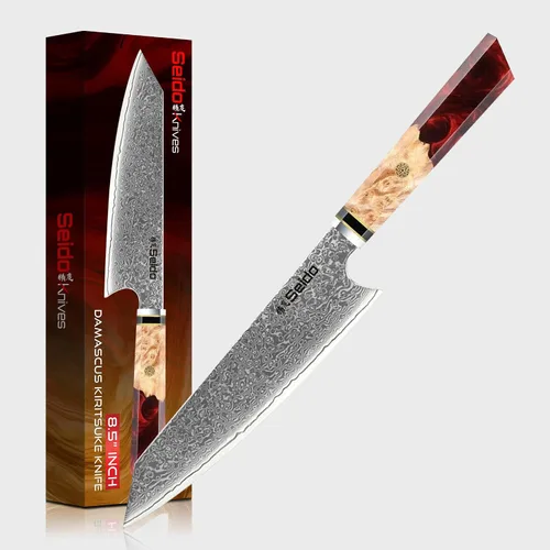 Vista 7 de Seido Knives Kiritsuke - Cuchillo de chef de acero Damasco, mango de madera estabilizado con resina epoxi, cuchillo de cocina profesional VG10