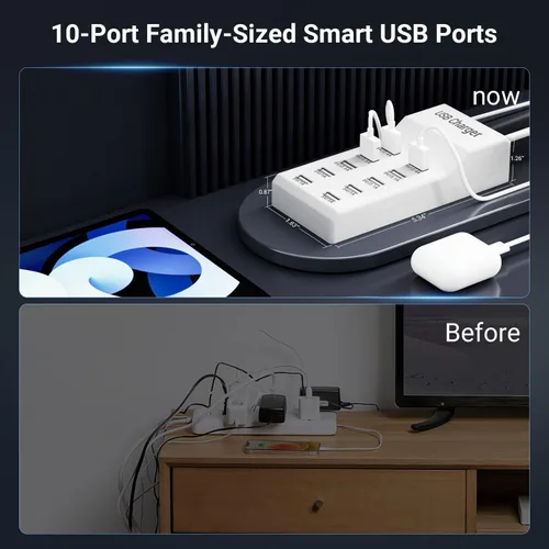 Vista 5 de Concentrador USB de 10 puertos, 50W10A concentrador de puerto USB múltiple para iPhone/iPad/Samsung Galaxy Note Tablet Android Smartphone (blanco)