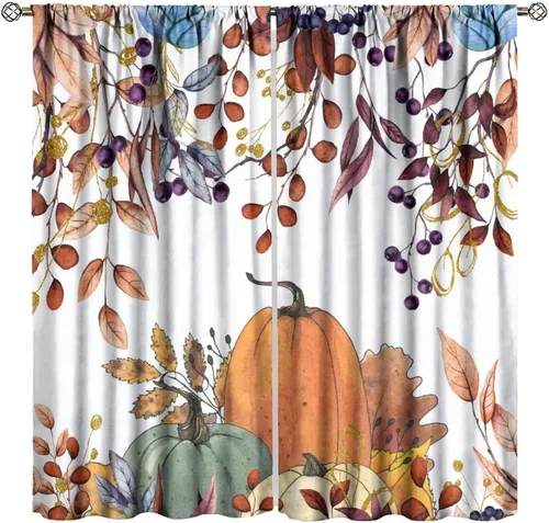 Vista 17 de Cortinas de calabaza enana de otoño, decoración del hogar de Acción de Gracias en otoño, patrón de hojas de arce y girasol, 42 pulgadas de ancho x