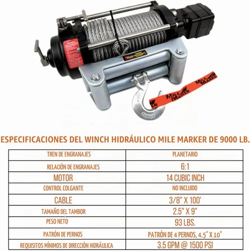 Vista 2 de Mile Marker Cabrestante hidráulico Serie H Capacidad de 9000 libras Modelo CC de 12 voltios