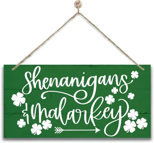 Vista 11 de Divertido arte de madera del día de San Patricio, besos irlandeses y deseos de trébol impreso, letrero para el hogar, decoración de puerta colgante