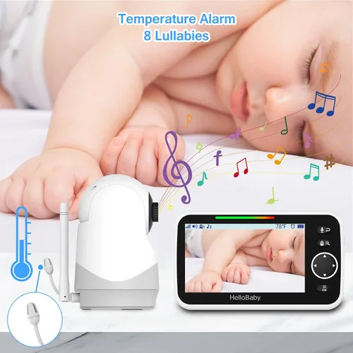 Vista 6 de HelloBaby Monitor con cámara y audio, pantalla de 5'' con transmisión de video de 16 horas, cámara remota con panorámica-inclinación-zoom