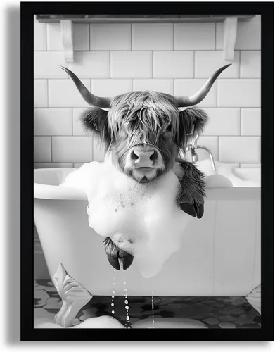 Vista 26 de SYWENNOI Arte de Pared en Lienzo Enmarcado en Blanco y Negro para Baño, Divertido Gato Negro Sentado en el Inodoro Leyendo Periódico Decoración