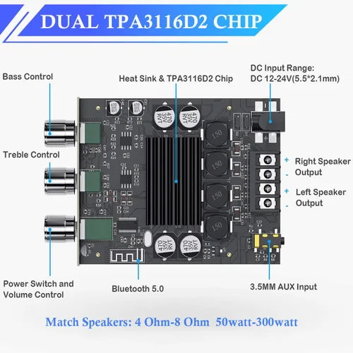 Vista 3 de ZK-1002T Placa de amplificador Bluetooth de 200W 2.0 CH Amplificador de audio con control de agudos y graves Placa de amplificador de potencia HiFi