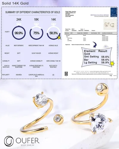 Vista 6 de OUFER Aretes de hélice torcida de 16G, anillo de labios de circonita cúbica transparente en forma de corazón de oro sólido de 14 quilates, joyería