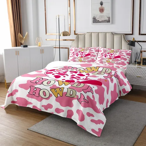 Vista 3 de Colcha de vaqueras occidentales para niños, tamaño individual, con estampado de piel de vaca rosa, decoración de habitación de niños y adultos
