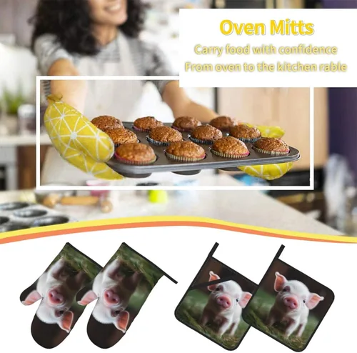 Vista 7 de Lindos guantes de horno resistentes al calor, 2 unidades y soportes para ollas, 2 piezas, guantes de cocina para hornear, juego de 4 piezas, tela