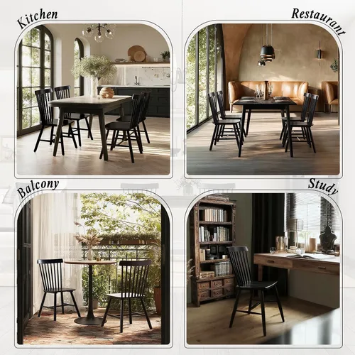Vista 3 de Juego de 4 sillas de comedor Windsor, sillas de cocina de estilo granja con respaldo de vástago, sillas laterales de madera maciza sin brazos