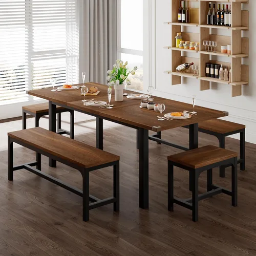 Vista 9 de Feonase Juego de mesa de comedor de 5 piezas para 4-8 personas, juego de mesa de cocina grande extensible de 63 pulgadas con 2 bancos y 2 taburetes