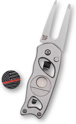 Vista 3 de Indiana Metal Craft Thin Red Line Switchblade Golf Divot Herramienta de reparación de acero inoxidable con 2 marcadores de bola extraíbles