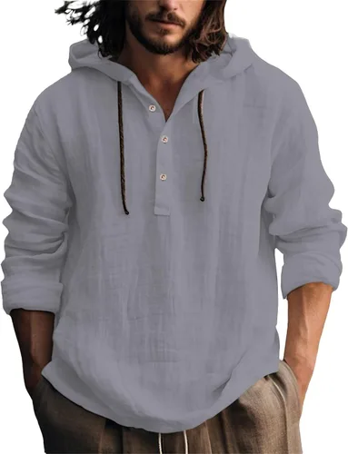 Vista 19 de Camisas de lino para hombre, ligeras, con botones, de manga larga, con capucha, ajuste regular, de algodón, para la playa
