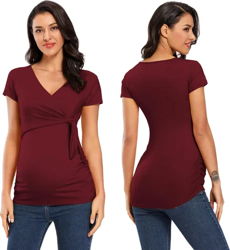 Vista 2 de Glampunch Camisas de maternidad para mujer, manga corta y larga, con lazo frontal, tops de maternidad
