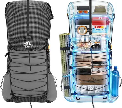 Vista 6 de Night Cat Backpcack de senderismo de marco interno: 50l - 70l Mochila Negro