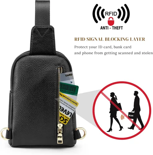 Vista 3 de S-ZONE Bolso bandolera para mujer, cangureras de cuero genuino con bloqueo RFID, bolsas cruzadas en el pecho, regalos para mujeres y hombres, Negro