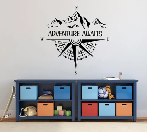Vista 3 de Calcomanías de pared de brújula Adventure Awaits - Calcomanías de pared de vinilo para decoración de pared de dormitorio, sala de estar, Y46 (negro)