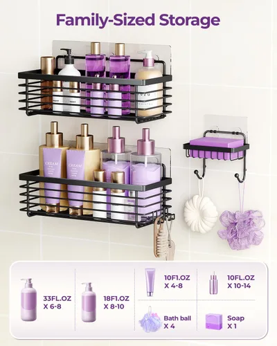 Vista 5 de ODesign Organizador de ducha de acero inoxidable SUS304, 3 unidades, sin taladrar, estante de baño, montado en la pared, organizador adhesivo