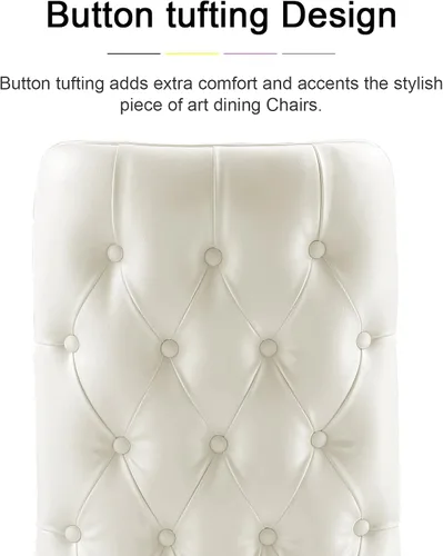Vista 4 de AUZ Sillas de comedor blancas y doradas, sillas tapizadas de piel sintética blanca con respaldo copetudo y patas curvadas de acero inoxidable