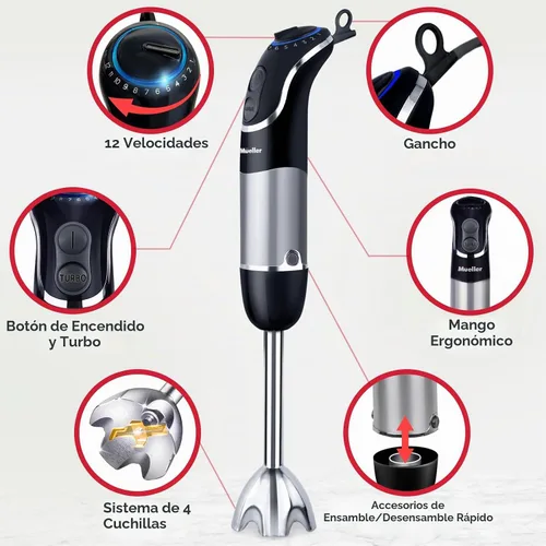 Vista 3 de Mueller Multistick 800W Batidora de Inmersión Manual 5 en 1, Batidora de Mano de 12 Velocidades - Turbo Boost, Motor de Cobre de Servicio Más