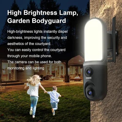 Vista 10 de EVERSECU Cámara de luz de pared impermeable de doble lente, video 3K, reflector de 1200 lm, audio de 2 vías, seguimiento automático PTZ, compatible