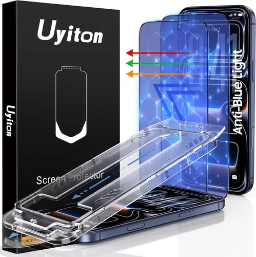 Vista 8 de Uyiton Protector de pantalla anti-luz azul para iPhone 15, protector de pantalla de vidrio irrompible de cobertura completa, resistente a