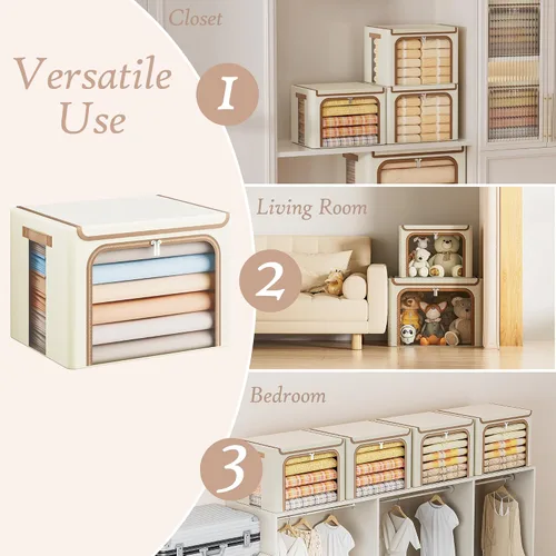 Vista 5 de Yecaye Cajas de Almacenamiento de Ropa con Marco de Metal, Caja de Almacenamiento de Ropa Plegable con Tapa, Caja Organizadora Apilable de Tela