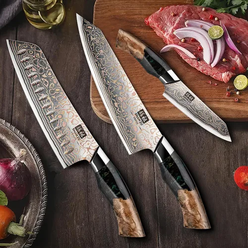 Vista 6 de Juego de cuchillos de cocina de Damasco SHAN ZU, cuchillos de cocina japoneses de cobre y acero de Damasco, cuchillo utilitario forjado a mano