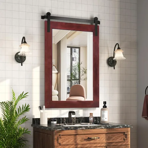 Vista 21 de COGOOD Espejo de puerta de granero de granja, 25 x 18 pulgadas, espejo decrativo con marco de madera rústica para baño, sala de estar, decoración