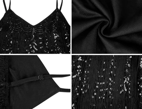 Vista 6 de kayamiya Vestido largo con flecos para mujer, con cuello en V, tirantes delgados, lentejuelas, vestido de fiesta de los años 20, disfraces de Gran